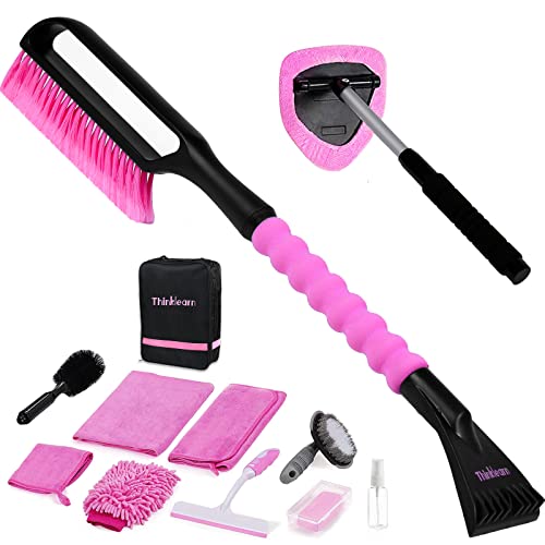 Pink Car Ice Scraper Kit - 27" Snow Brush and Ice Scraper for Car Windshield with Foam Grip, Snow Ice Removal Kit Gift for Women - Window Cleaner, Wash Mitt, Squeegee, Car Wash Cleaning Set