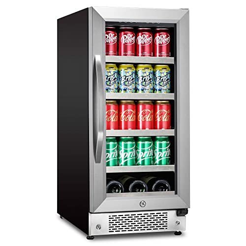 Steel Beverage refrigerator 15 Inch 88 Cans and 3 bottles Built in or Freestanding w Smart Control System and Double-Layer Glass Door(Left Hinge)/