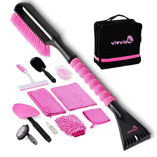 12Pcs Car Ice Scraper Kit, Pink Winter Car Kit with 27” Snow Brush and Detachable Ice Scraper, Microfiber Cleaning Cloth, Wheel and Rim Brush, Complete Snow Remover for Cars, Trucks, SUVs