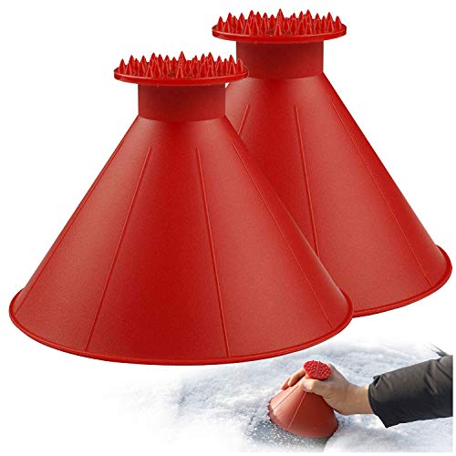 Car Ice Scraper with Funnel,2 Pack Cone Windshield Ice Scrapers,Round Snow Scraper for Car(Red)