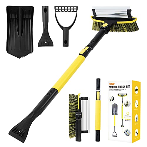 Ice Scraper and Extendable Snow Brush with Squeegee for Car Windshield, Snow Shovel with Foam Grip for Driveway, 5 in 1 Snow Removal Broom for Auto SUV Truck Window (29.9" to 37.5")