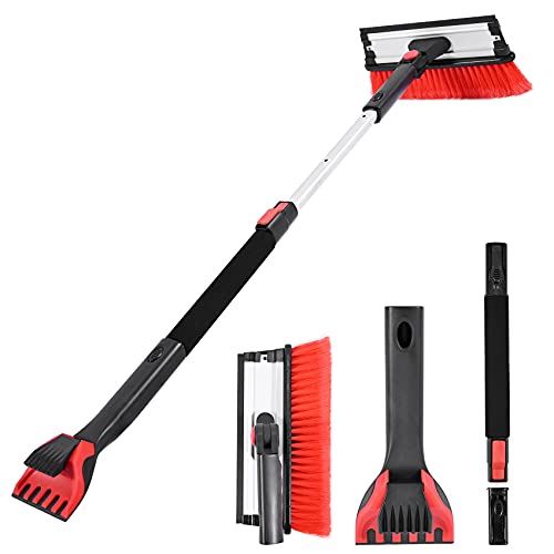 3 in1 Red Snow Brush and Ice Scraper with Squeegee, Detachable Snow Removal with Extendable Handle（28"-38"） for Car,SUV and Other Surface Snow Cleaning