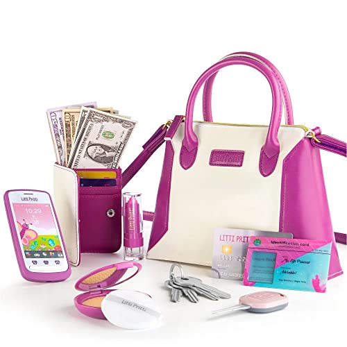 Pritti Princess Toys Little Girls Purses - Pretend Play My First Purse Set - Fashionably Stylish Handbag with Makeup Smartphone Wallet Keys Credit Card Playset Perfect for Girls Ages 3+