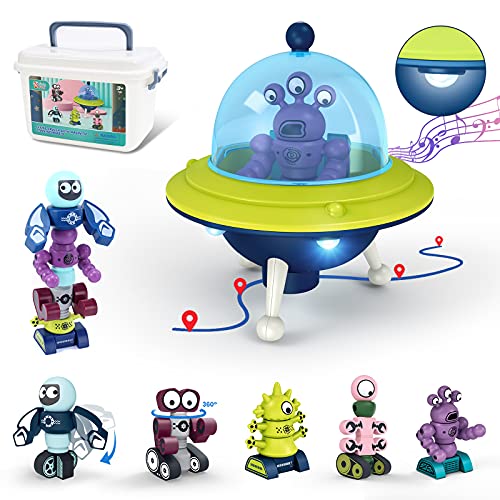 Magnetic Toys for Kids, Electronic Magnetic Walking Flying Saucer with 35PCS Stacking Blocks Building Robot, Storage Box, STEM Educational Space Ship and Robot Toy Gift for Toddler Boy Girl