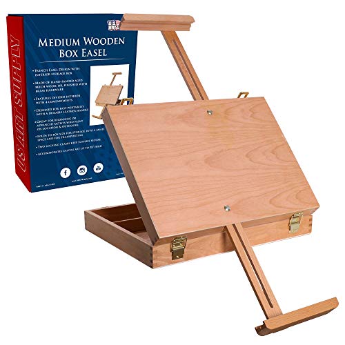 Art Supply Newport Medium Adjustable Wood Table Sketchbox Easel, Premium Beechwood - Portable Wooden Artist Desktop Case - Store Organize Art Paint Markers, Sketch Pad - Tabletop Drawing Painting