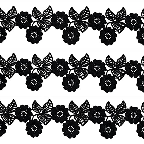 Lace Trim, 3 Yards Plus Lace Ribbon Cream Floral Pattern Embroidered Decorating Lace Fabric for DIY Sewing Craft Gift Wrap Bridal Wedding Dress Bridal Curtain Mask (Black, 2.6inch), KJ-12