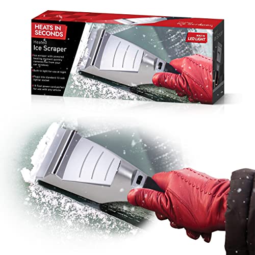 Ice Scraper, Heated Ice Scrapers for Car Windshield as Winter Essential Tool to Remove Frost, Snow - Heated Windshield Scraper Powered 12V Socket, 15 Feet Power Cord and Built In LED Light