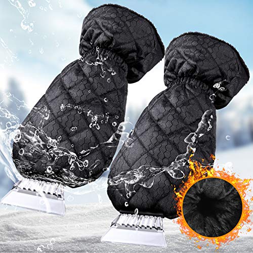 2 Pieces Ice Scraper Gloves Windshield Snow Scrapers Snow Remover Mitt with Thick Fleece Lined for Car Roof Bumpers Windshield