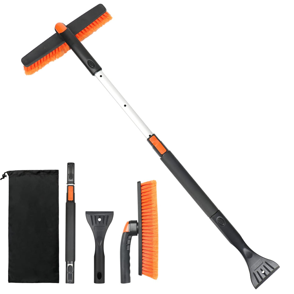 3 in 1 Snow Brush, Extendable 38’ Car Ice Scraper and Snow Brush, Snow Scraper w/360° Pivoting Brush Head for Car Windshield Vent, Durable Snow Removal w/Non Slip Foam for Truck, SUV, Orange