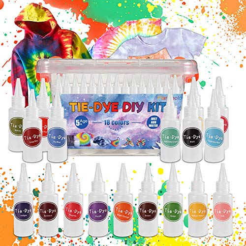 Dye DIY Kit for Kids &amp; Adults, 18 Colors Fabric All-in-1 Dye Set with Storage Box, Aprons,Gloves, Rubber Bands and Table Covers for Handmade Textile Craft Arts Family Groups Party Activity