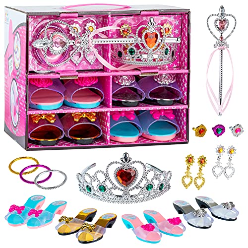 Princess Dress Up Shoes and Jewelry Boutique - Pretend Play For Little Girls Set Incl 4 Pairs Princess Shoes And Lots of Accessories - Toddler Girl Toys For 3,4,5, Year Old and up