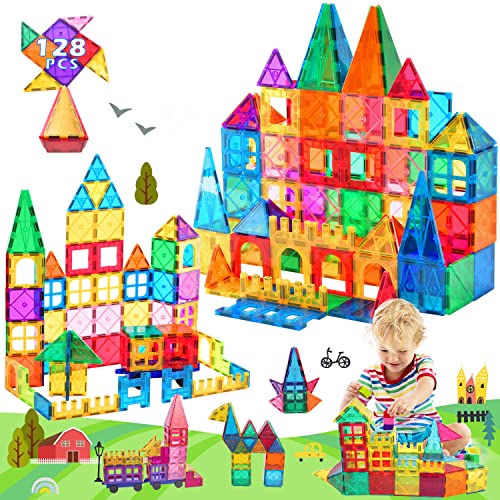 Tiles Magnet Building Blocks for Kids 3D STEM Construction Set 128PCS Magnetic Blocks Educational STEM Toys for 3+ Year Old Boys and Girls with 2 Cars