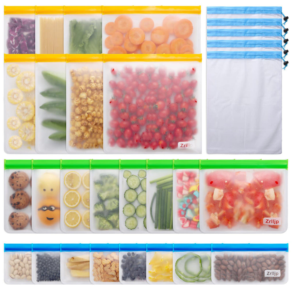 Pack Reusable Bags - 24 pack BPA Free Reusable Freezer Bags (8 Sandwich Bags, 8 Snack Bags, 8 Gallon Bags) &amp; 5 pack Reusable Produce Bags for Grocery Shopping, Fruits and Vegetables